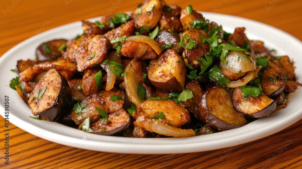 A vibrant plate of sautéed eggplant and onions garnished with fresh herbs creates an appetizing visual ideal for food blogs, cookbooks, or restaurant menus, showcasing delicious vegetarian dishes, A vibrant plate of sautéed eggplant and onions garnished with fresh herbs creates an appetizing visual ideal for food blogs, cookbooks, or restaurant menus, showcasing delicious vegetarian dishes,