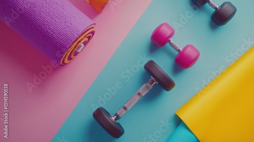 Vibrant workout equipment arranged on a colorful background with weights, yoga mats, and exercise accessories displayed