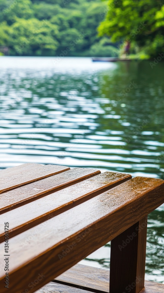 Wet wooden bench overlooking calm lake, lush green trees background; serene nature scene Wet wooden bench overlooking calm lake, lush green trees background; serene nature scene
