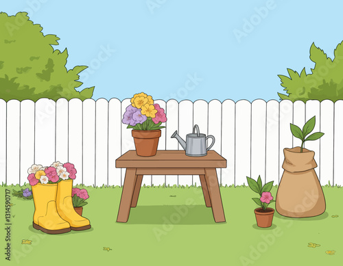 Backyard garden scene with flowers and a watering can