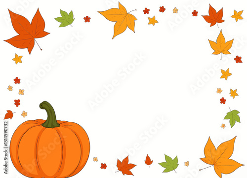 Autumn leaves border with pumpkin at the bottom left