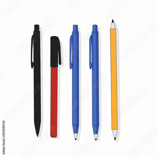 Assorted black, red, blue pens and yellow pencil on white