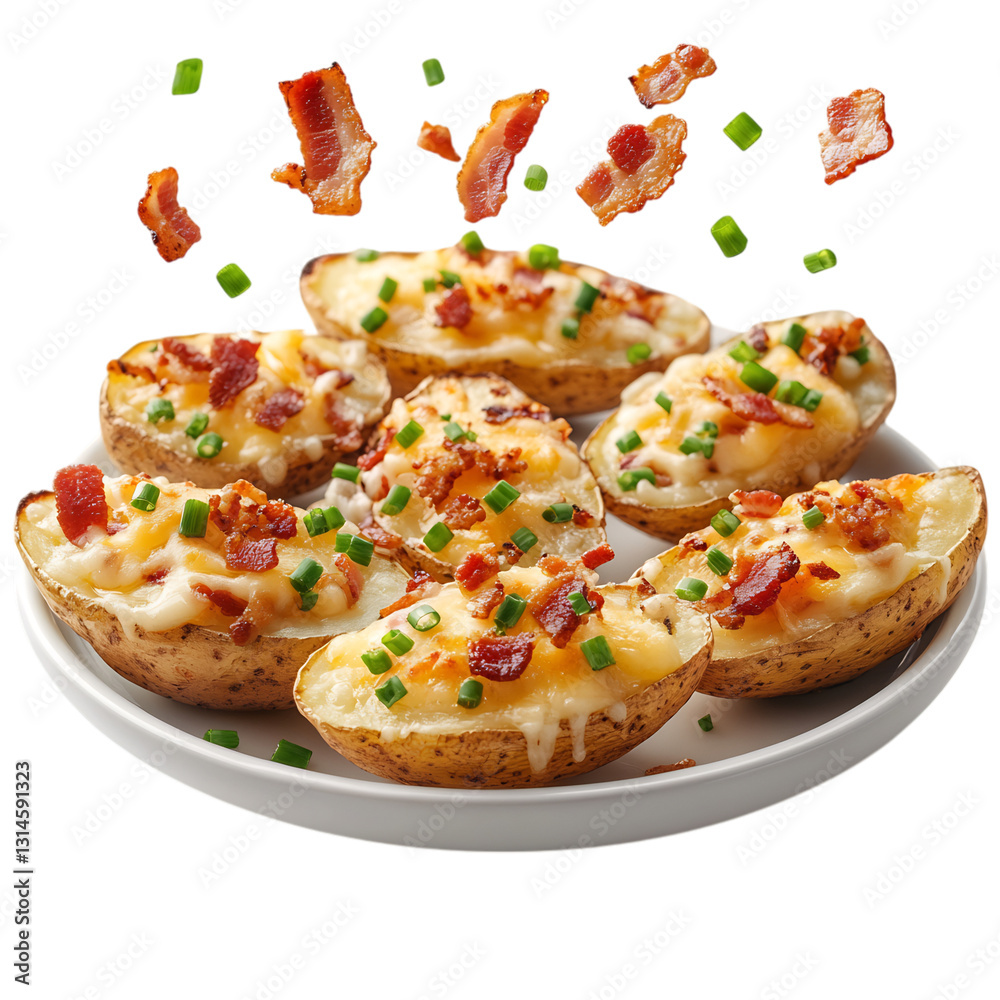 A Plate of Loaded Potato Skins with Cheese Bacon Isolated on Transparent Background A Plate of Loaded Potato Skins with Cheese Bacon Isolated on Transparent Background