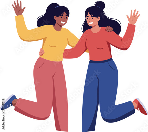 Two joyful women jumping together in colorful outfits celebrating friendship in flat vector art