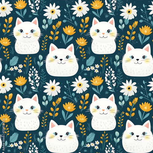 Cute cat cartoon pattern, playful mood, adorable cats with flowers on dark background
