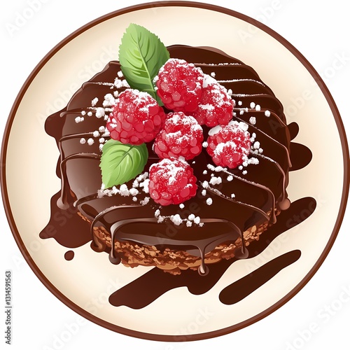 A chocolate cake with raspberries on top and a white plate