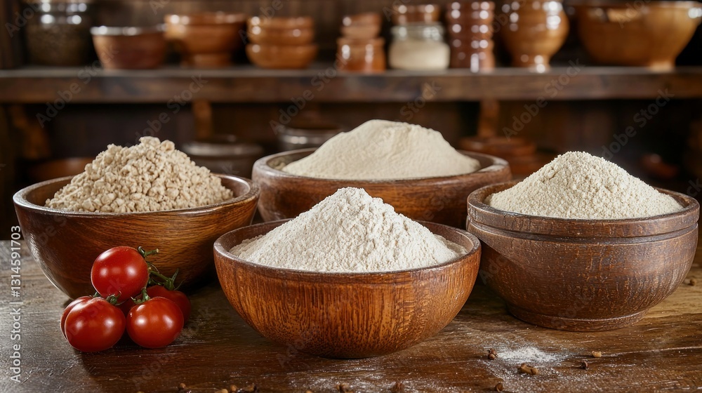 Fototapeta premium Wooden bowls of flour and grains in rustic kitchen