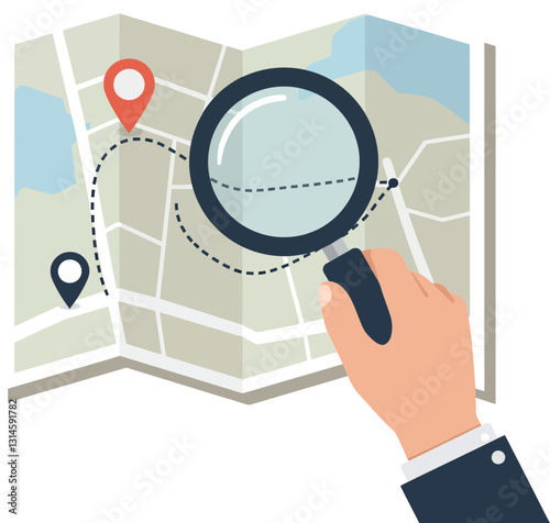 A hand holding a magnifying glass over a map in a flat design vector art