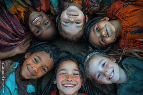 Children sitting in a circle, holding hands and laughing together, under a vibrant rainbow-colored parachute during outdoor playtime.