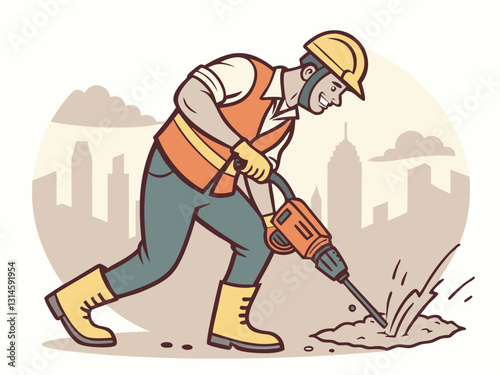 Vector illustration of a Construction Worker Using Jackhammer on Site