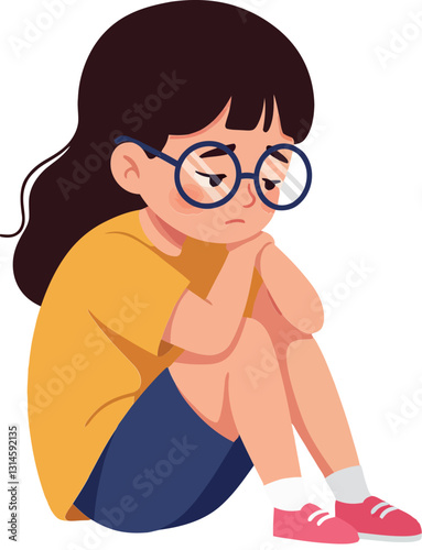 A young girl sitting on the floor with her knees up, minimal vector illustration expressing sadness and contemplation