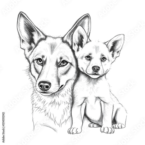 Mother dingo and pup together, nurturing and affectionate, black and white illustration, copy space
