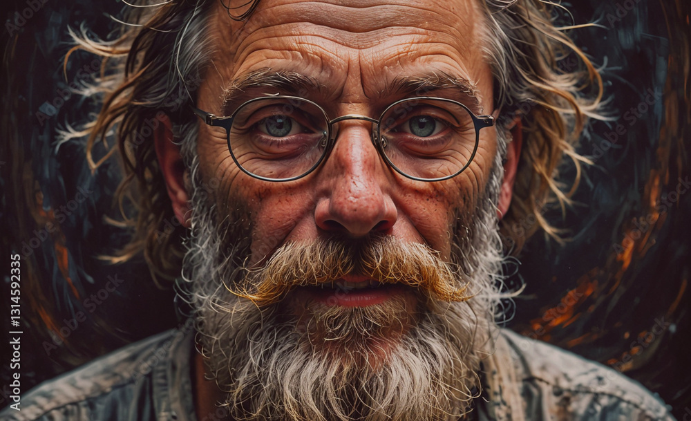 Man with a beard and glasses is staring at the camera. The image has a moody and somewhat mysterious feel to it Man with a beard and glasses is staring at the camera. The image has a moody and somewhat mysterious feel to it