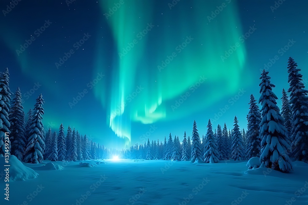 Naklejka premium Aurora borealis display frozen landscape nature photography winter wonderland nighttime serenity spectacular light show