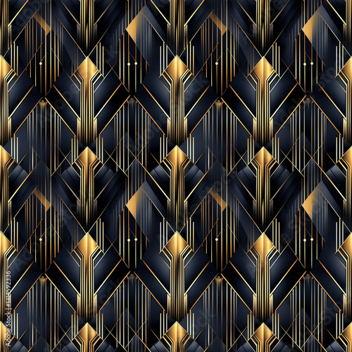 Art Deco geometry, luxurious mood, metallic sheen pattern in black and gold