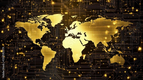 Global Network: A Golden World Map on a Circuit Board Background