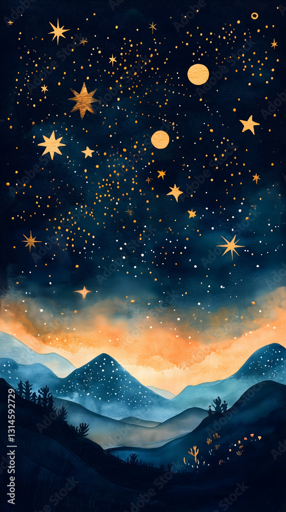 Obraz premium ท้องฟ้ายามค่ำคืนที่เต็มไปด้วยดวงดาวส่องแสงระยิบระยับเหนือทิวเขาที่ปกคลุมไปด้วยหมอกหนา