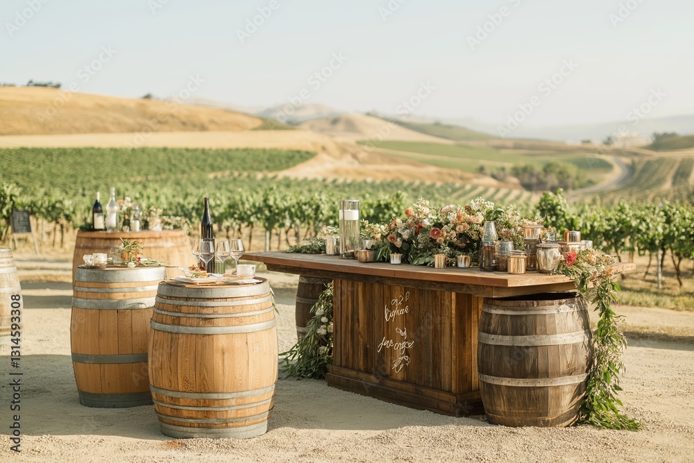 Obraz premium Vineyard terrace wedding setup with beautiful decor, including flowers and wine, creating perfect atmosphere for bride. Concept emphasizes vineyard terrace wedding experience