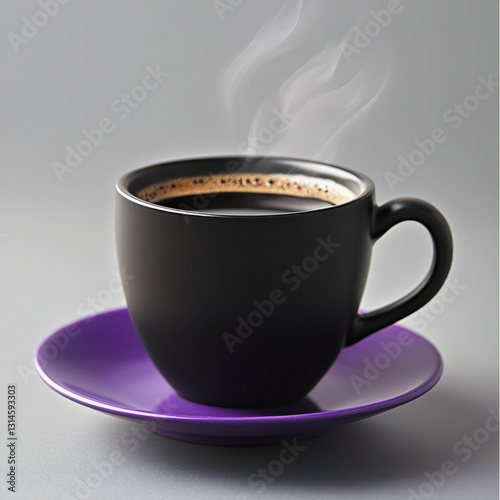 A steaming cup of black coffee served in a sleek black mug on a vibrant purple saucer against a minimalist gray background.