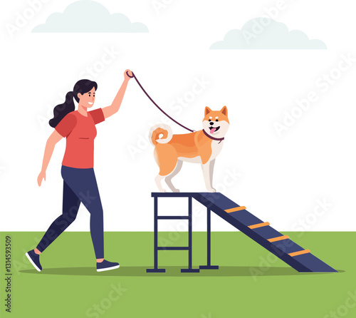 A woman confidently guiding her dog up an agility ramp in a flat vector illustration