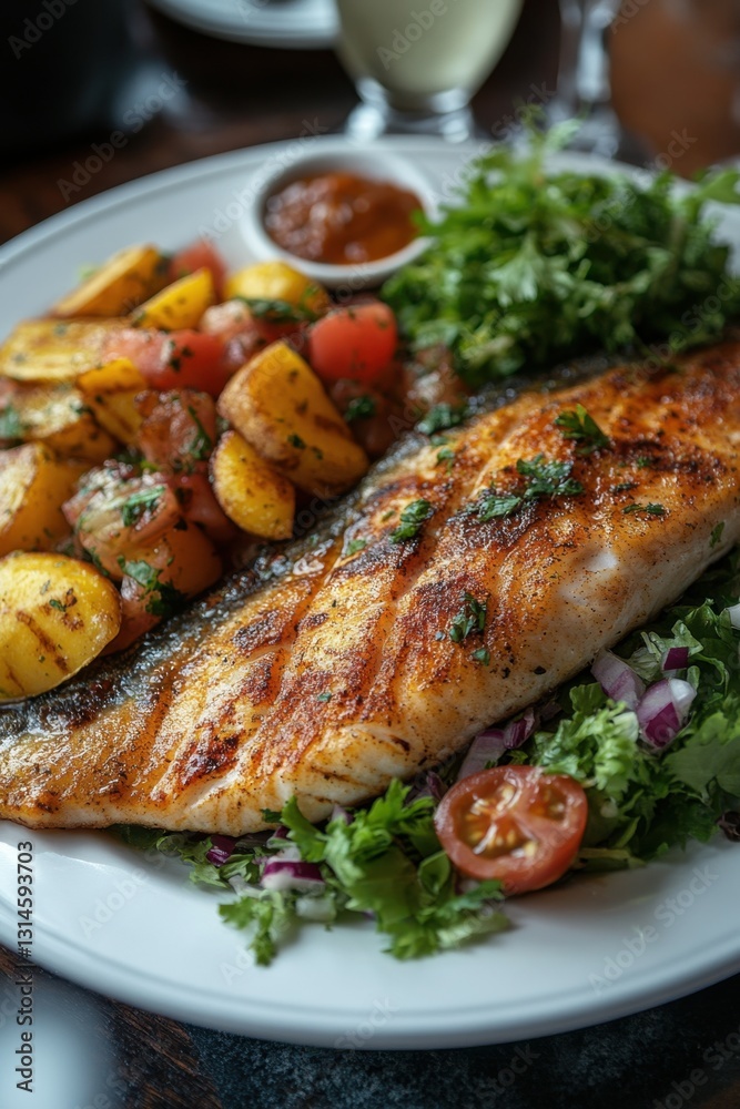 Grilled sea bass fillet with roasted potatoes and fresh salad on a white plate culinary delight seafood cuisine restaurant meal delicious Grilled sea bass fillet with roasted potatoes and fresh salad on a white plate culinary delight seafood cuisine restaurant meal delicious