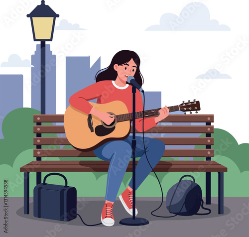 A young woman playing acoustic guitar on a park bench in a flat vector illustration