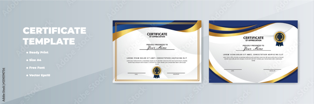Obraz premium A4 Printable Certificate Template Blue, Gold Design