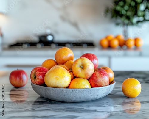 A vibrant still life graces a modern minimalist kitchen, showcasing a bowl overflowing with ripe apples and juicy oranges The scene is bathed in natural light, highlighting the textures and colors of photo