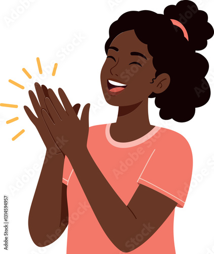 Cheerful young girl with curly hair clapping her hands in a joyful flat vector illustration