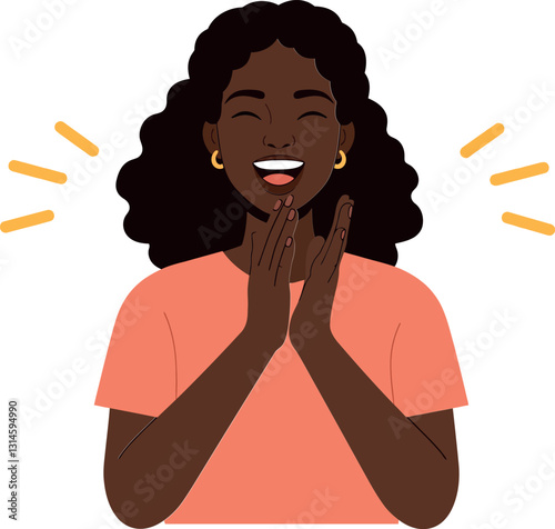 Happy woman with curly hair clapping her hands in a cheerful, flat design vector illustration