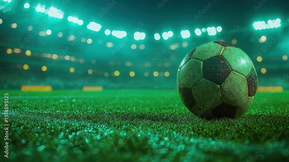 Naklejka premium Worn soccer ball on stadium grass at night