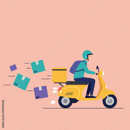 Delivery rider on a yellow scooter speeding through streets in flat vector art
