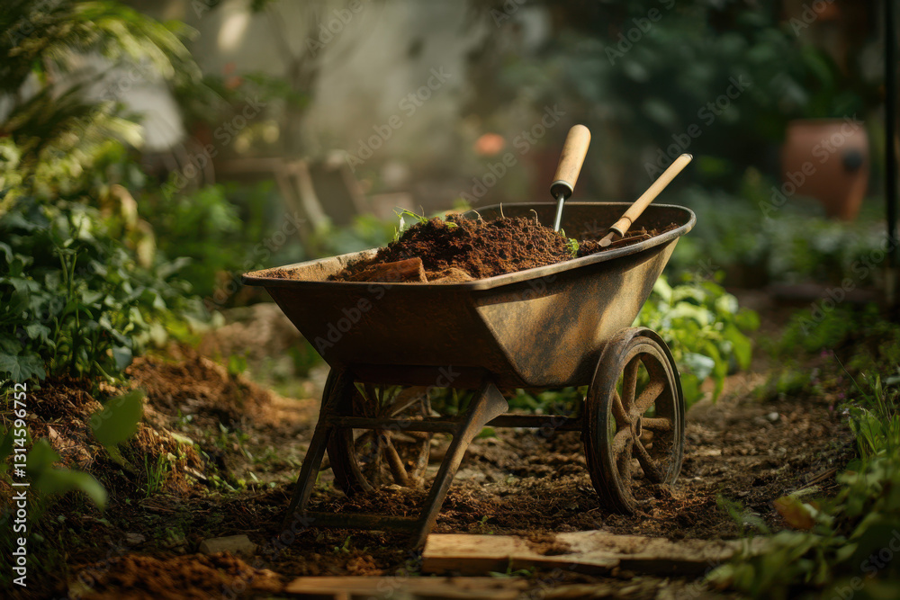 Garden wheelbarrow loaded with soil and tools in a lush backyard Garden wheelbarrow loaded with soil and tools in a lush backyard