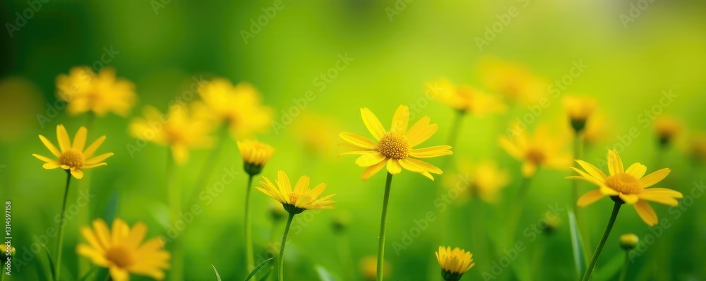 Obraz premium Bright yellow daisies swaying gently in a green meadow, green, sunlight, bloom