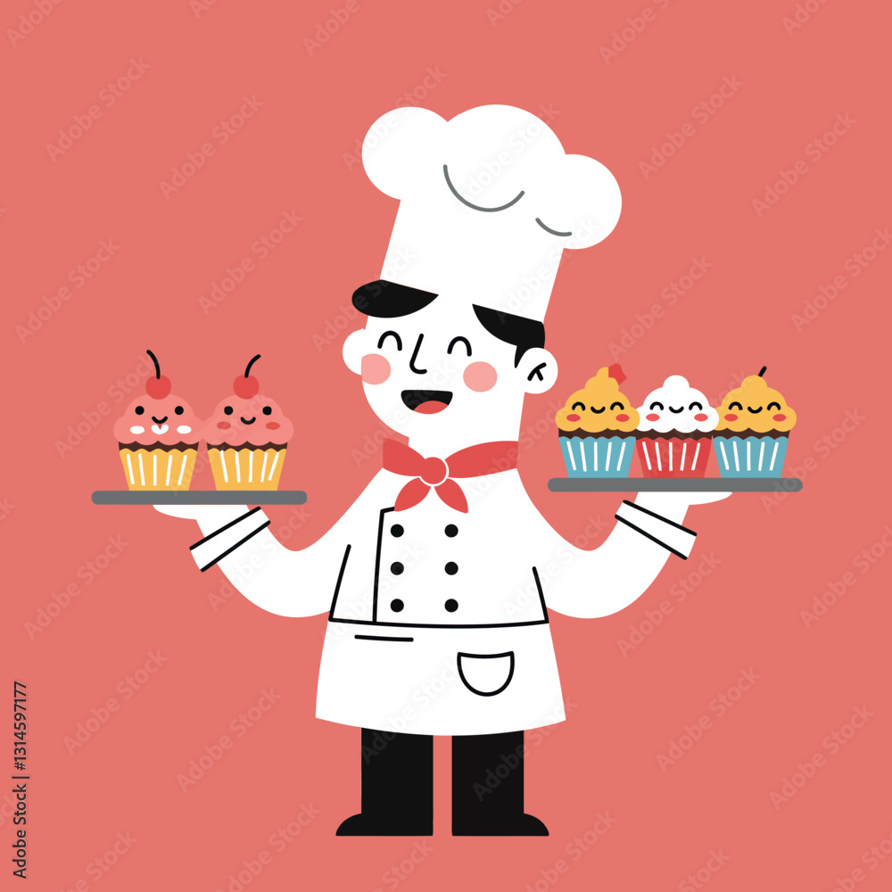 Cheerful baker in a white chefs uniform presenting colorful cupcakes in a flat vector illustration