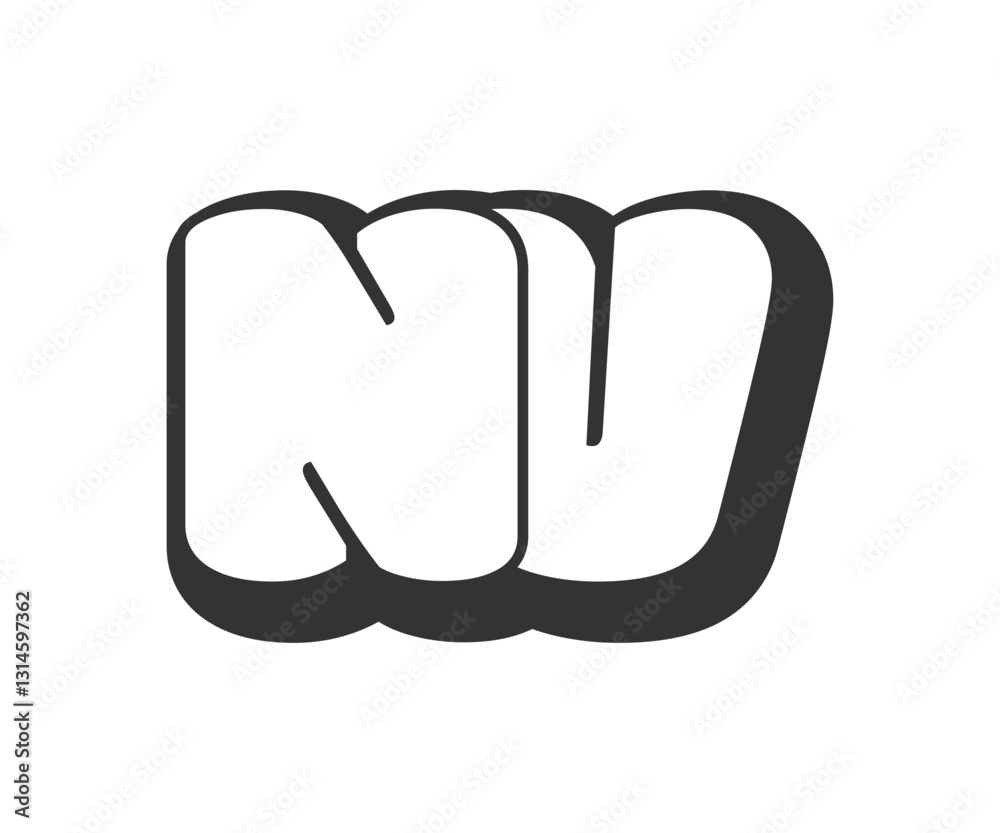 Obraz premium NV logo, bubble comic lettering, rounded in graffiti style black and white silhouette. Trendy preschool N and V letter text for festival party, personal initials, children funky print and web.