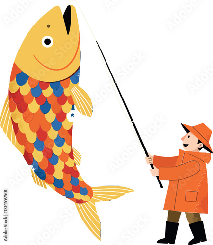 A fisherman in orange rain gear proudly holding a large colorful fish in a flat vector illustration