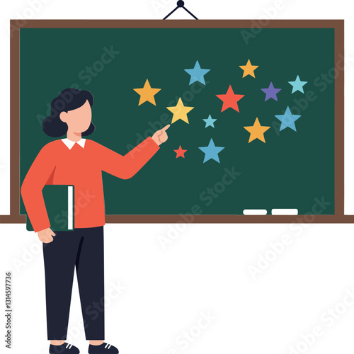 Teacher pointing at colorful stars on a blackboard in flat vector illustration