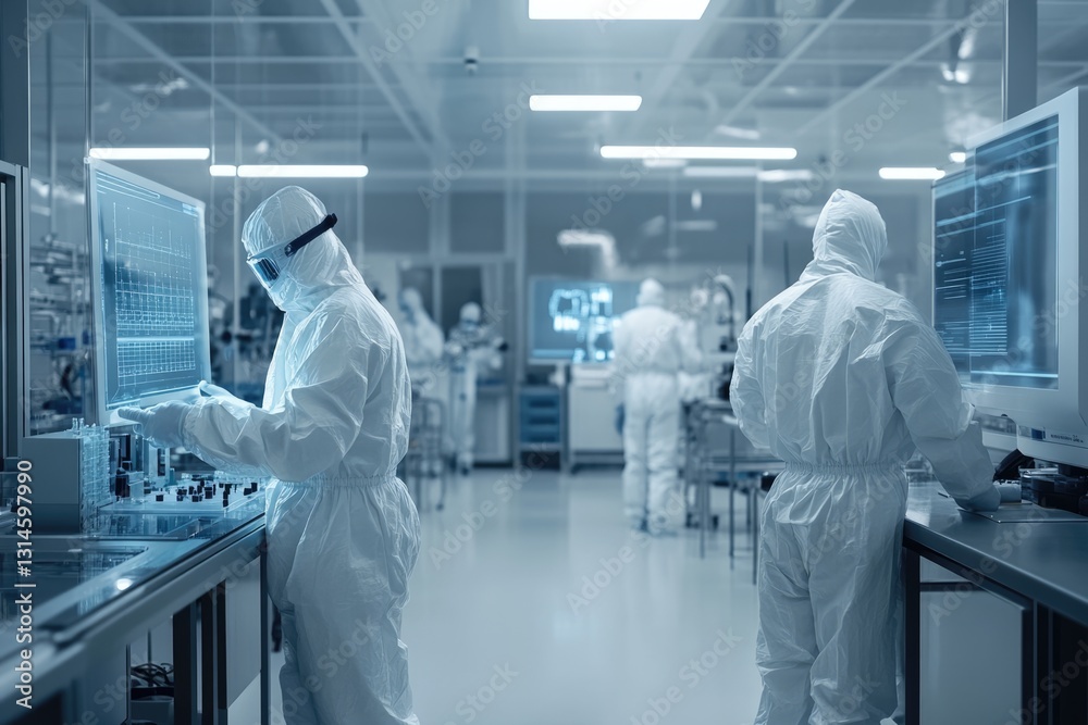 High-Tech Cleanroom Workers with Monitors, Futuristic Technology, Industrial Setting High-Tech Cleanroom Workers with Monitors, Futuristic Technology, Industrial Setting