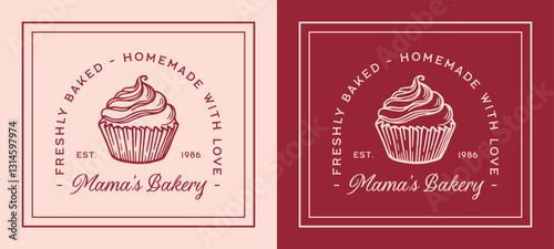 Mom mama's bakery homemade with love freshly baked logo pastry cupcake sticker label tag design. Vintage retro coquette pink and red sweets aesthetic Mothers Day quotes text printable poster print.