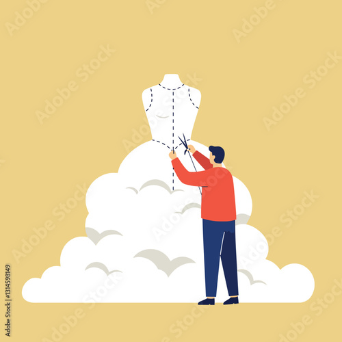 Tailor working on a dress form surrounded by fluffy clouds in minimal vector art