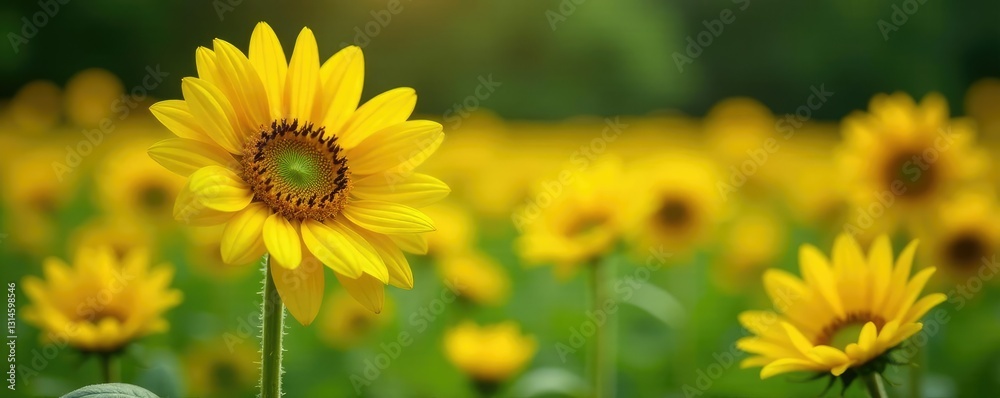 Bright yellow sunflower petals unfolding in the garden, grass, flowers Bright yellow sunflower petals unfolding in the garden, grass, flowers