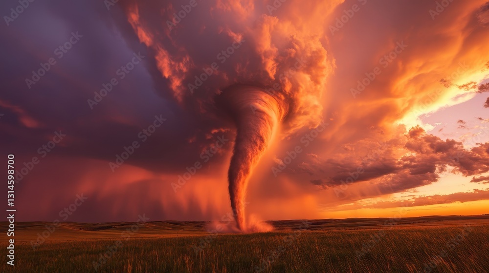 Fototapeta premium A tornado dances through a fiery sky as the sun sets, casting dramatic shadows on the landscape, with the funnel twisting form illuminated by the dying light.