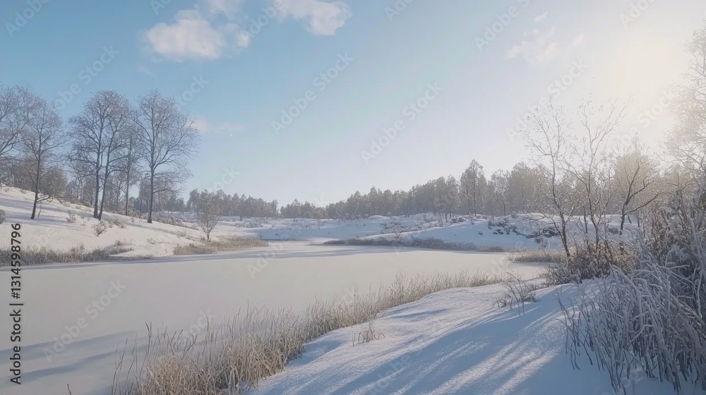 Snowy winter landscape with frozen lake and forest Snowy winter landscape with frozen lake and forest