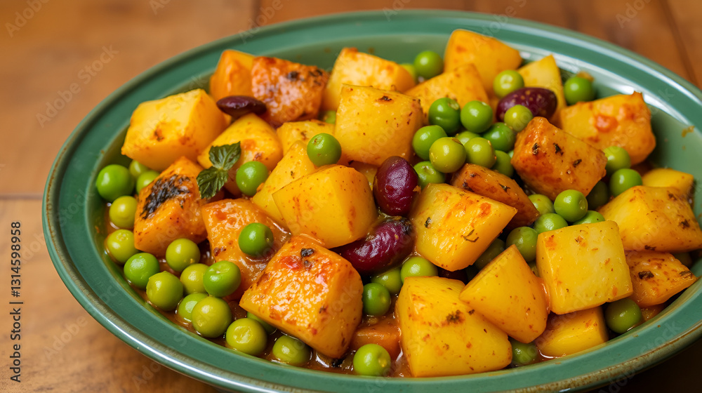 Homemade spicy potatoes with garden peas in an oval dish. Aloo mutter sabzi. Homemade spicy potatoes with garden peas in an oval dish. Aloo mutter sabzi.