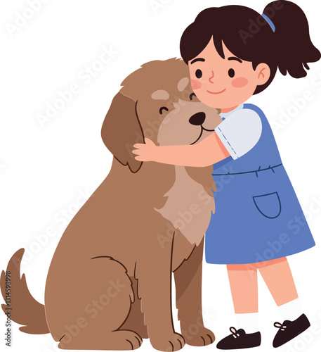 A happy girl embracing her large brown dog in a minimal and cheerful vector illustration