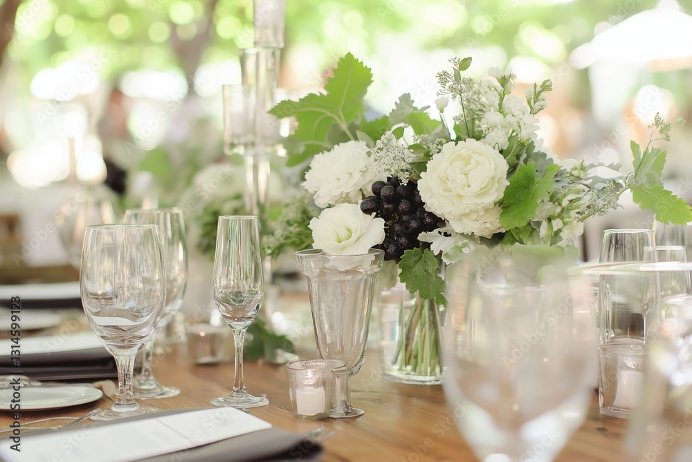 Elegant table setting featuring beautiful floral arrangements, perfect for vineyard terrace wedding with lovely bride. Concept captures essence of vineyard terrace wedding decor Elegant table setting featuring beautiful floral arrangements, perfect for vineyard terrace wedding with lovely bride. Concept captures essence of vineyard terrace wedding decor