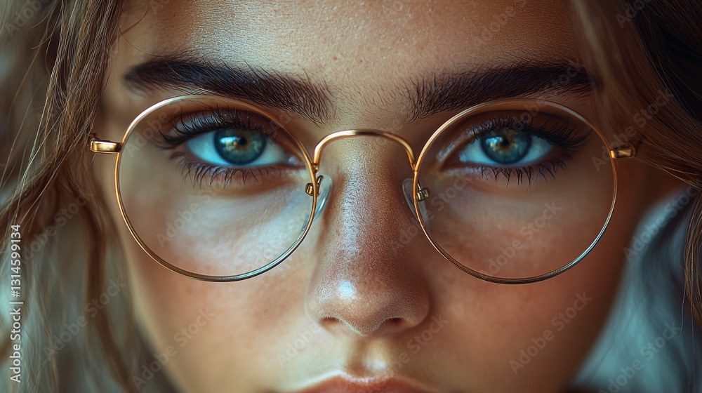 In a captivating close-up, a model's expressive gaze pierces through round, wire-rimmed glasses, creating an intimate and engaging portrait The warm lighting accentuates her features, highlighting In a captivating close-up, a model's expressive gaze pierces through round, wire-rimmed glasses, creating an intimate and engaging portrait The warm lighting accentuates her features, highlighting