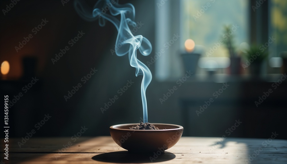 Aromatic smoke rising from a bowl in a cozy room illuminated by soft light Aromatic smoke rising from a bowl in a cozy room illuminated by soft light