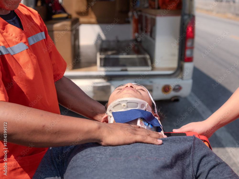 Rescue workers give first aid to girl after accident . rescue workers provide first aid to accident victims' necks.